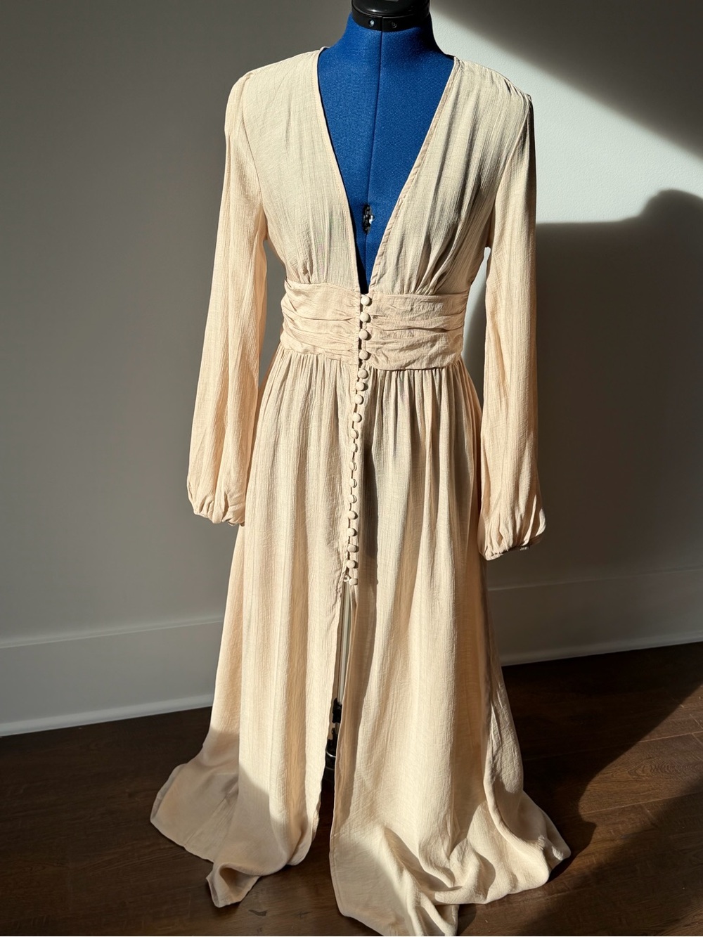 Apricot Long-Sleeve Button Front Maxi Dress